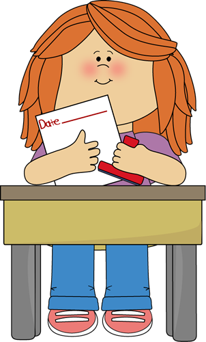 Girl Date Stamper - Girl Sitting At Desk Clipart (302x500)
