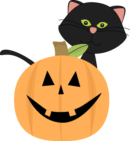 Black Cat Behind Jack O Lantern - Cute Halloween Cat Clipart (426x461)