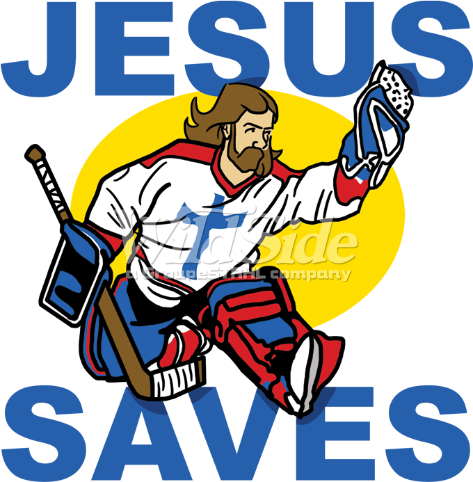 Stock Transfer - Free Shipping! Blue Tees Jesus Saves Hockey Goalie (709x709)