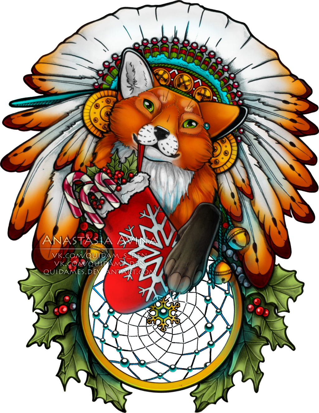 X-mas Shaman Fox /2nd Version/ By Quidames - Волк И Ловец Снов (1024x1327)