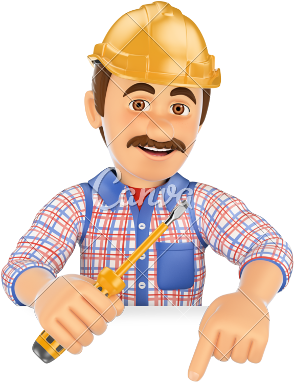 3d Electrician With A Screwdriver Pointing Down - Construction Worker With Many Tools (666x800)