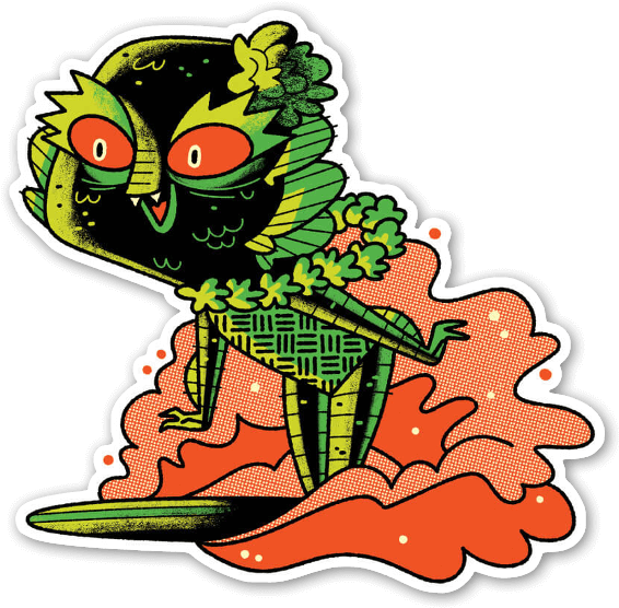 Surfing Creature Sticker - Surfing (600x589)
