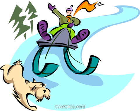 男孩滑动雪橇和狗免版税矢量剪贴画插图 - Dog (480x383)