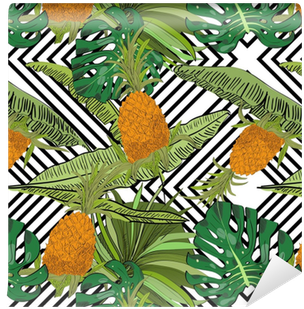 Vector Drawn Tropical Seamless Pattern On Geometrical - Wallpaper (400x400)