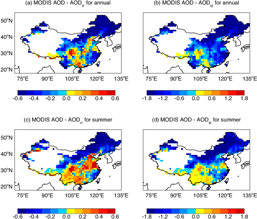 Differences Between Modis Aod And Two Derived Aod Thresholds - Map (850x776)