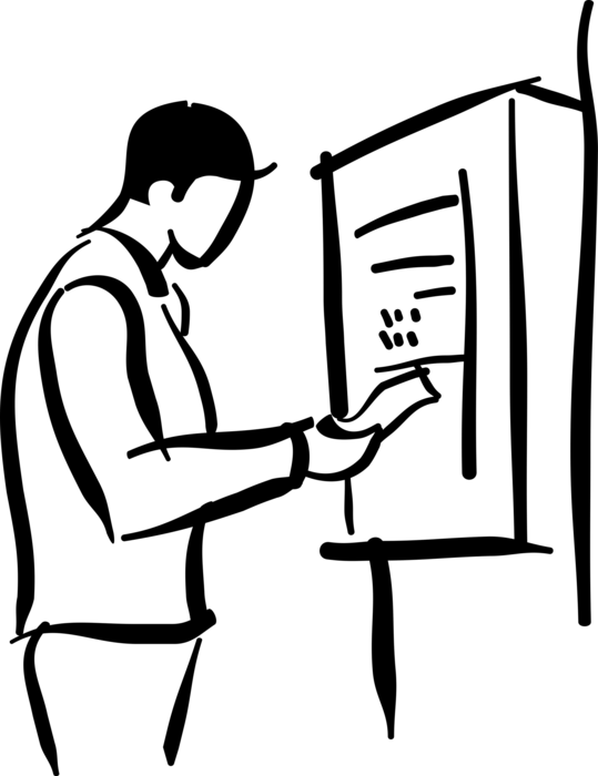 Vector Illustration Of Worker With Time Clock, Clock - Time Clock (539x700)