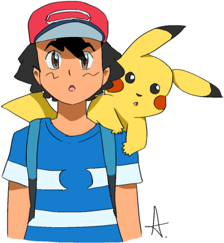 Ash/satoshi & Pikachu - Cartoon (500x533)