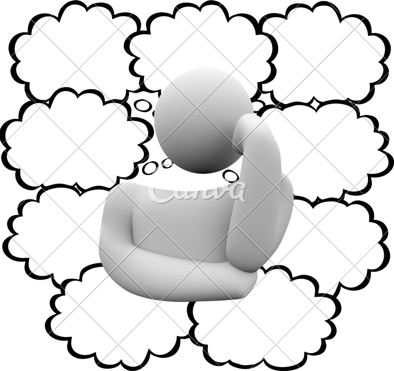 Thinker Thought Clouds Bubbles Thinking Person Many - Person With Thought Bubbles (800x752)