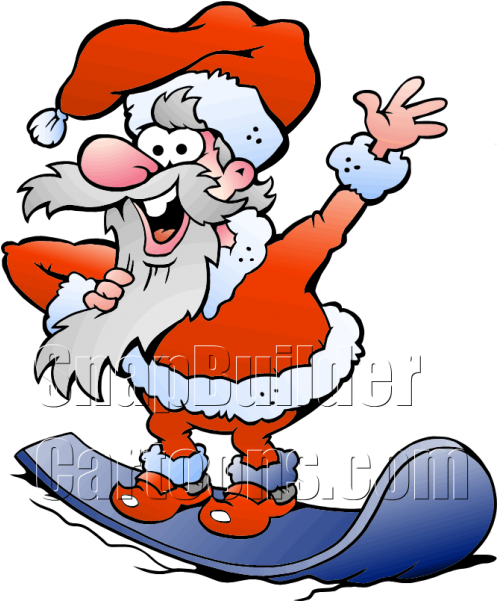 Santa Riding Blue Snow Board - Drawing (600x600)