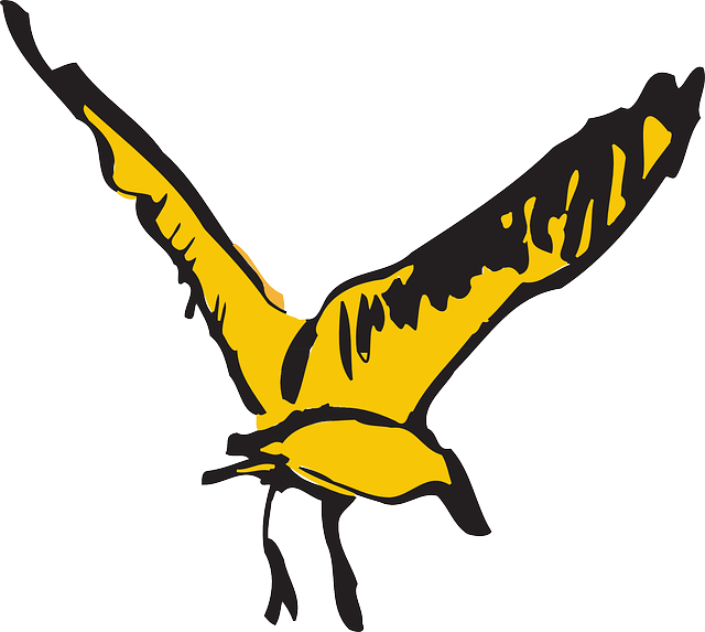 Stylized, Bird, Flying, Wings, Art, Feathers, Fly - นก สี เหลือง เสรี ถา (640x573)