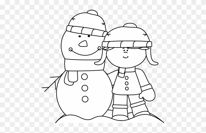 Black And White Girl With Snowman - Clip Art #473267