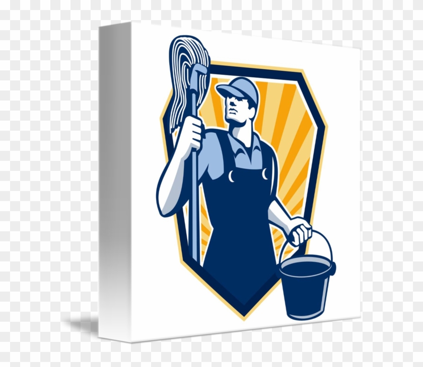 Janitor Cleaner Holding Mop Bucket Retro Mugs #491382