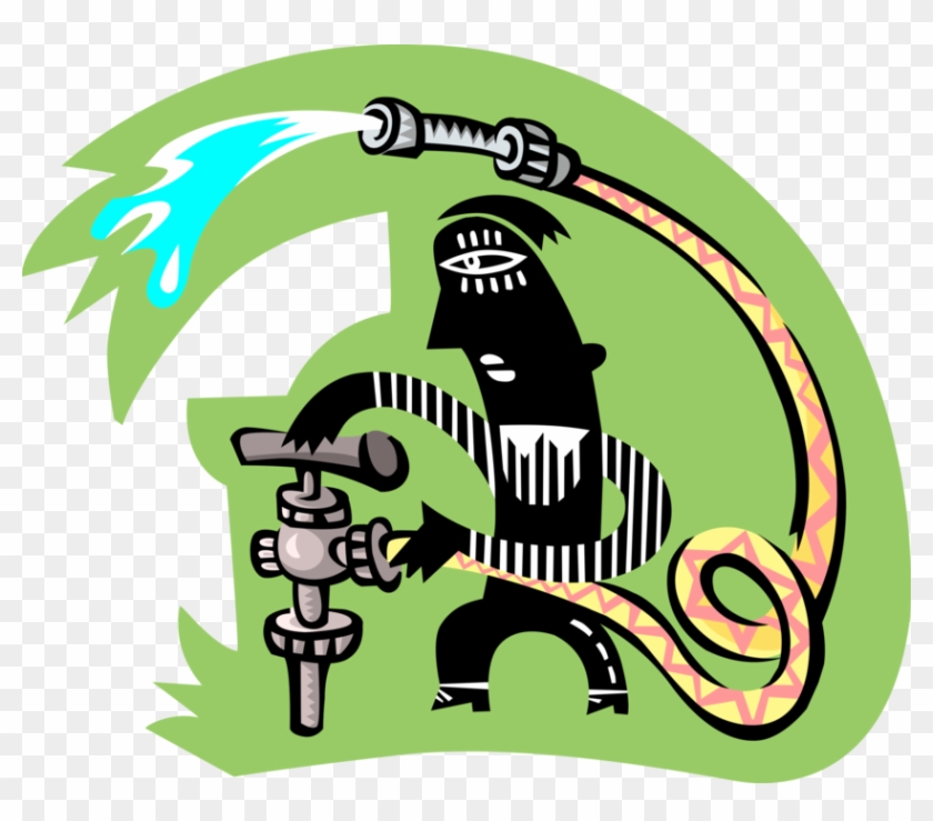 Vector Illustration Of Worker Turns Valve On Water - Illustration #501896