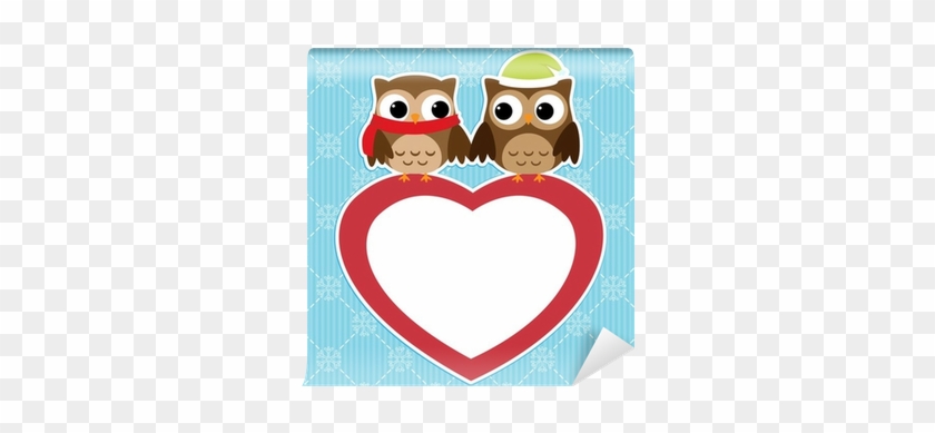 Winter Card With Couples Of Owls On Red Heart Wall - Owls #533729