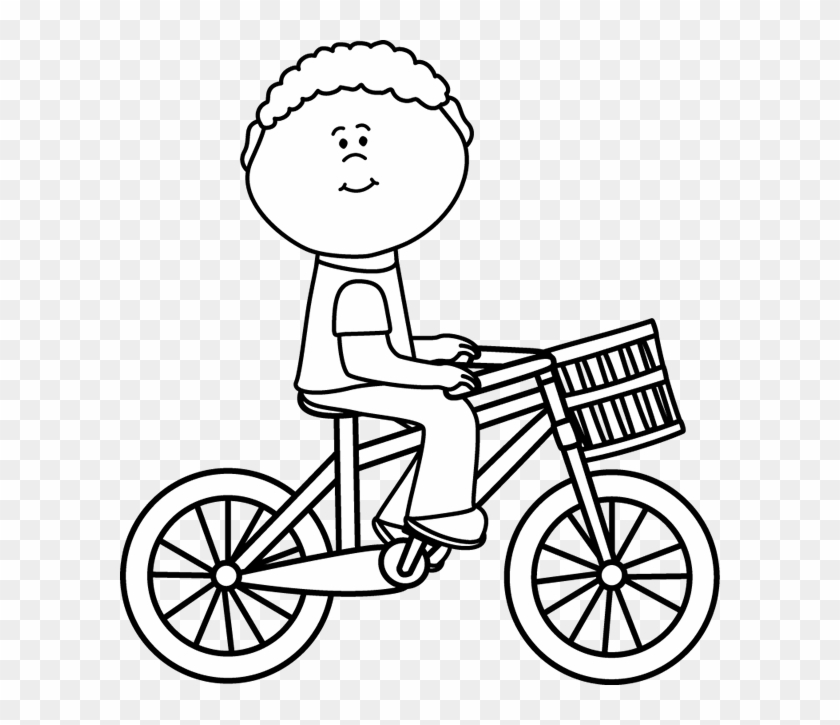 Black & White Boy Riding A Bicycle With A Basket - Bike Clipart Black And White #102896