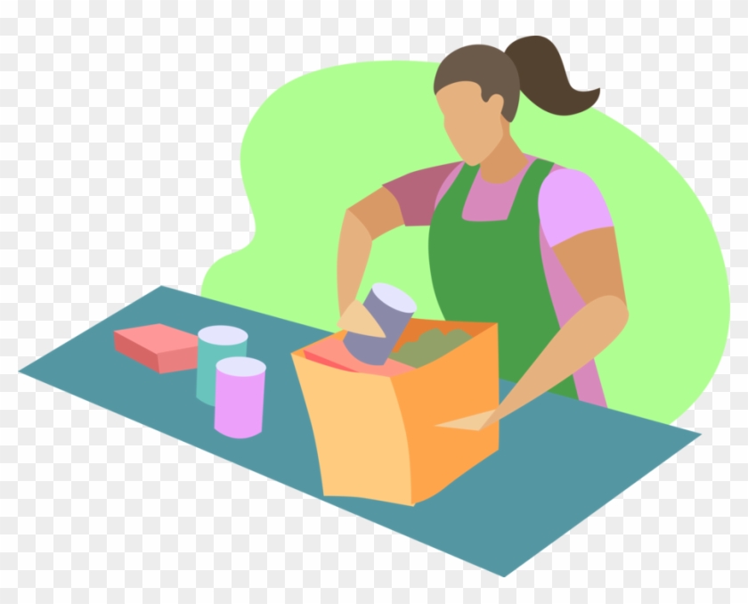 Vector Illustration Of Grocery Store Clerk Packs Groceries - Bricklayer #564418