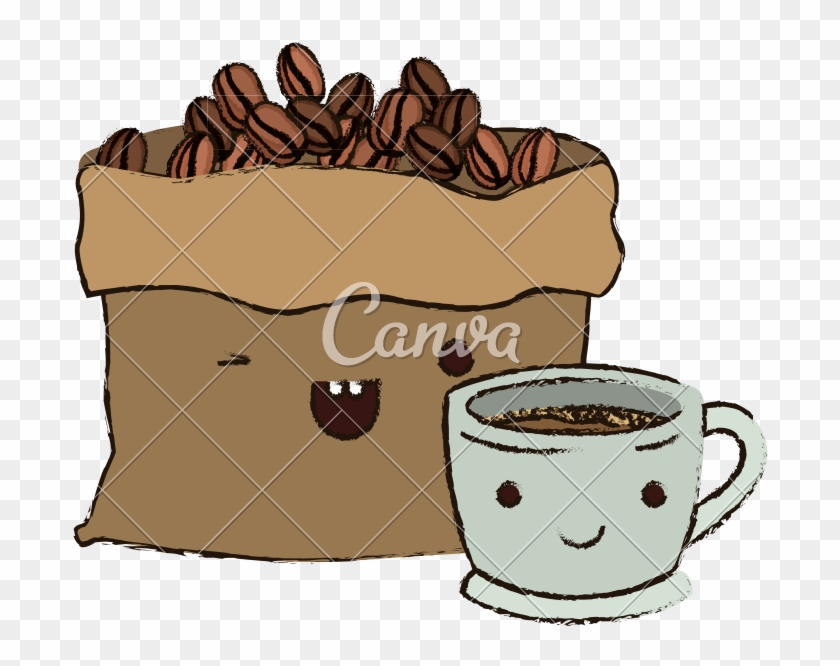 Bag With Beans And Cup Of Coffee Colorful Kawaii Blurred - Coffee #615295