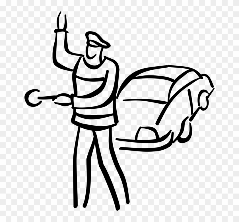 Vector Illustration Of School Crossing Guard Stops - Line Art #697440