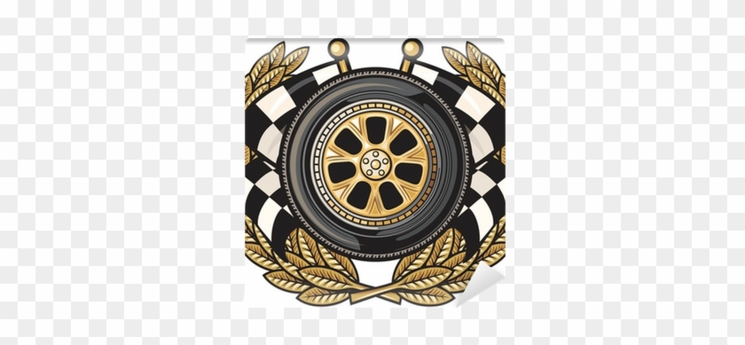 Wheel Laurel Wreath And Crossed Checkered Flags Wall - Cufflinks Tire In Laurel Wreath Handmade Cuff Links #718291