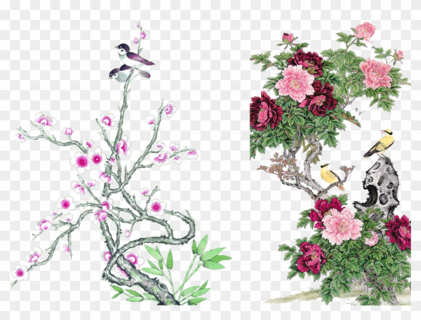 Chinese Painting Bird And Flower Painting Silk Hanging - Transparent Fond Rond Png #775561