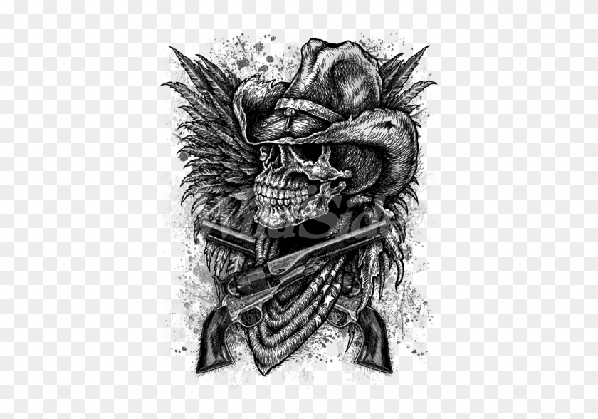 Skull Cowboy, Guns, Wings - Cowboy Skull Cross Hand Gun Pistol Western Hat Country #777422