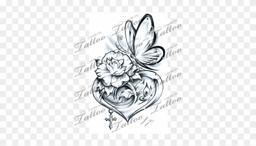 Rose Tattoo Clipart Butterfly - Flower And Heart Tattoo Designs #836627