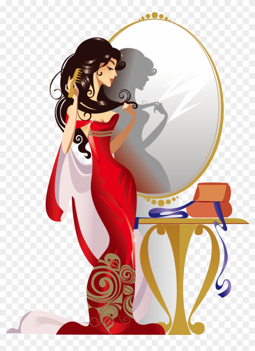 Comb Cartoon Girl Illustration - Girl In The Mirror Cartoon #858713