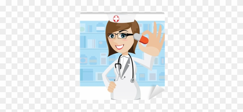 Cartoon Pharmacist Showing Pills In Drug Store Wall - Cartoon Pharmacist #866603