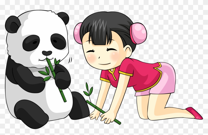 Giant Panda Bamboo Panda Cartoon Illustration - Cartoon Girl With Cartoon Panda #896409