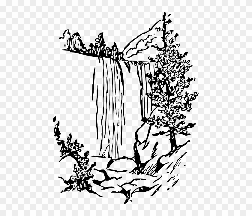 Water, Black, Fall, Tree, White, Cartoon, Nature, Falls - Waterfall Black And White Clipart #934949