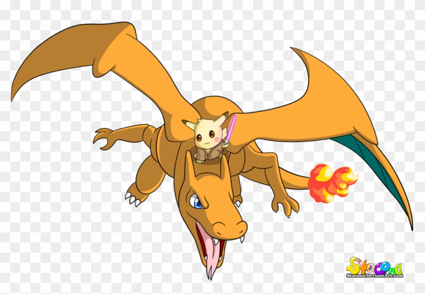 Jedi Pikachu Riding Charizard By Stacona - Charizard And Pikachu Drawing #968849