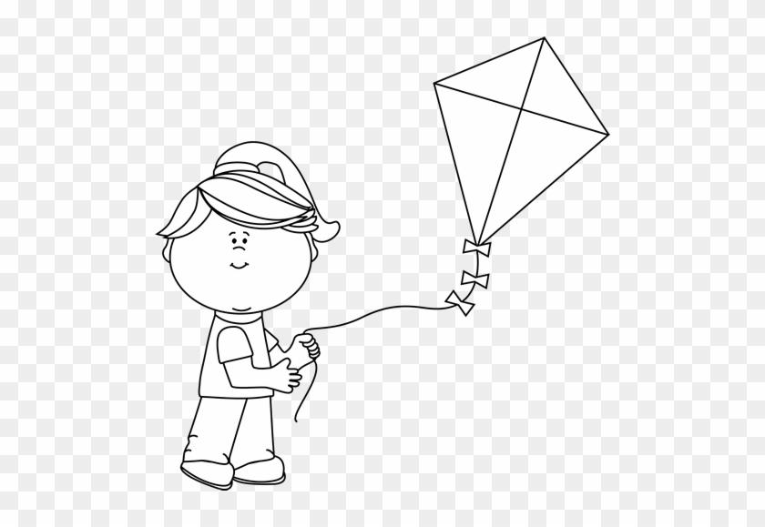 Black And White Girl Flying A Kite - Flying Kite Clip Art Black And White #970494