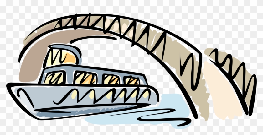 Vector Illustration Of Tourist Sightseeing Passenger - Boat Under The Bridge Cartoon #970840