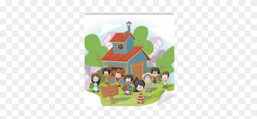 Cute Happy Cartoon Kids In Front Of Wood Club House - Cluefinder Club : The Case Of The Vanishing Bully [book] #987201