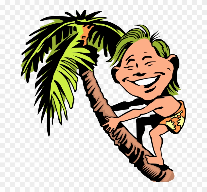 Vector Illustration Of Native Hawaiian Boy Climbs Palm - Palm Tree Clip Art #1003269