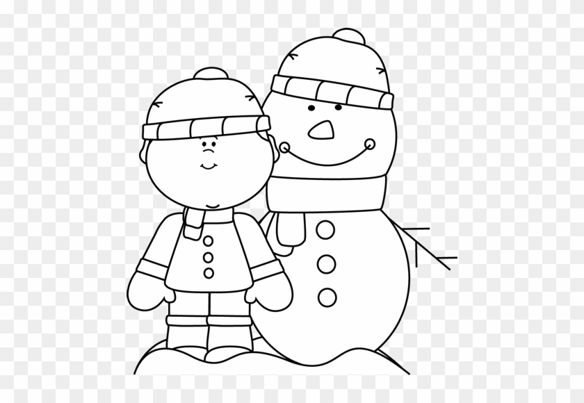 Black And White Boy With Snowman Clip Art - Clip Art #1019532