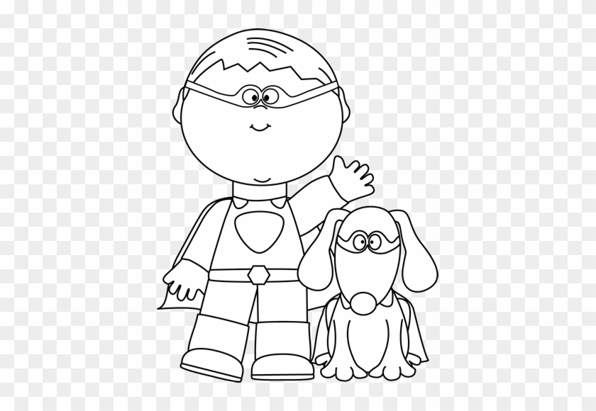 Black And White Boy Superhero And Dog Clip Art - Boy Pet Clipart Black And White #1022390