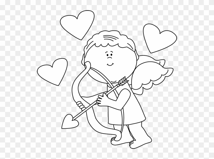 Black And White Cupid With Hearts Clip Art - Cupid Boy Black And White Drawing With Heart For Valentines #1054006