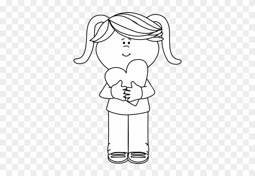 Black And White Girl With Valentine Heart - Valentine Girl Clipart Black And White #1054059