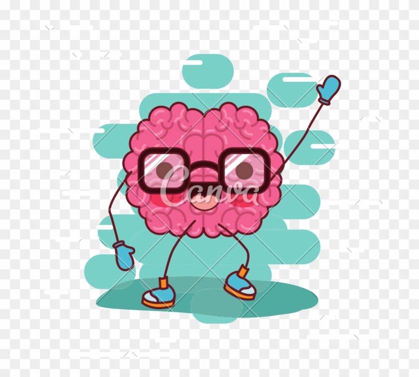 Brain Cartoon With Glasses And Greeting And Background - Cartoon #1079518