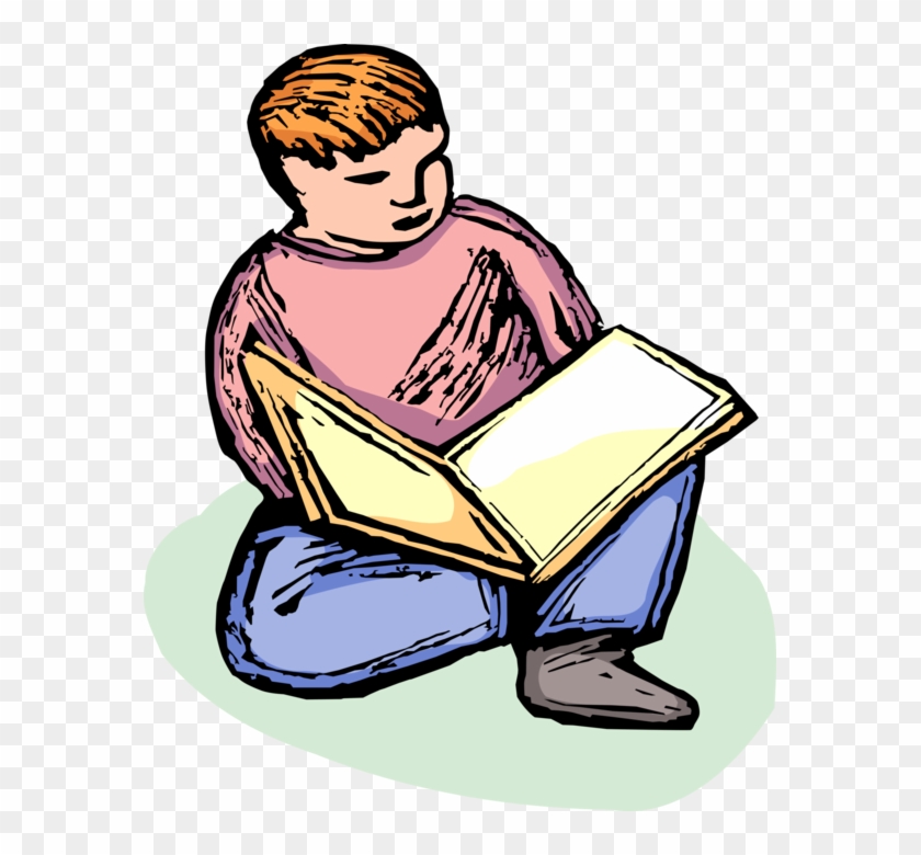 Vector Illustration Of Young Boy Learning To Read Book - Sitting #1179275
