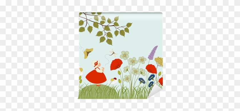 Cute Girl In Garden With Flowers And Butterflies Wall - Woman #1200877