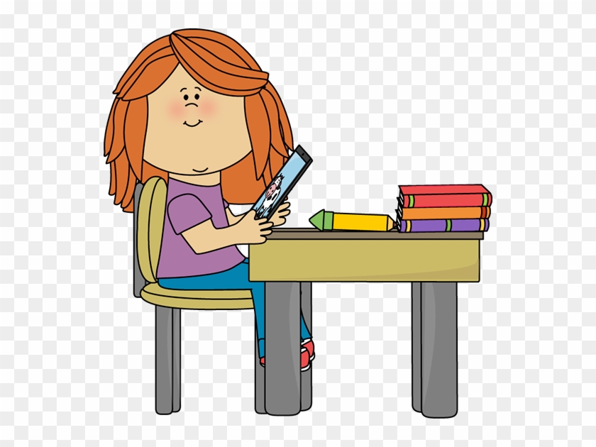 Girl Using Tablet In School Clip Art - Girl In School Clipart #198694