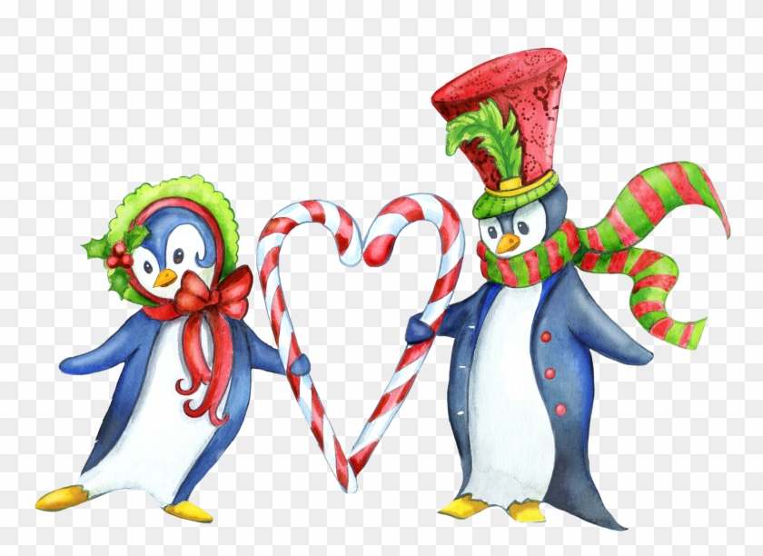 Amb Illustrations [watercolor Christmas] - Pinguin-paare, Herz-zuckerstange-frohe Weihnachten #1228989