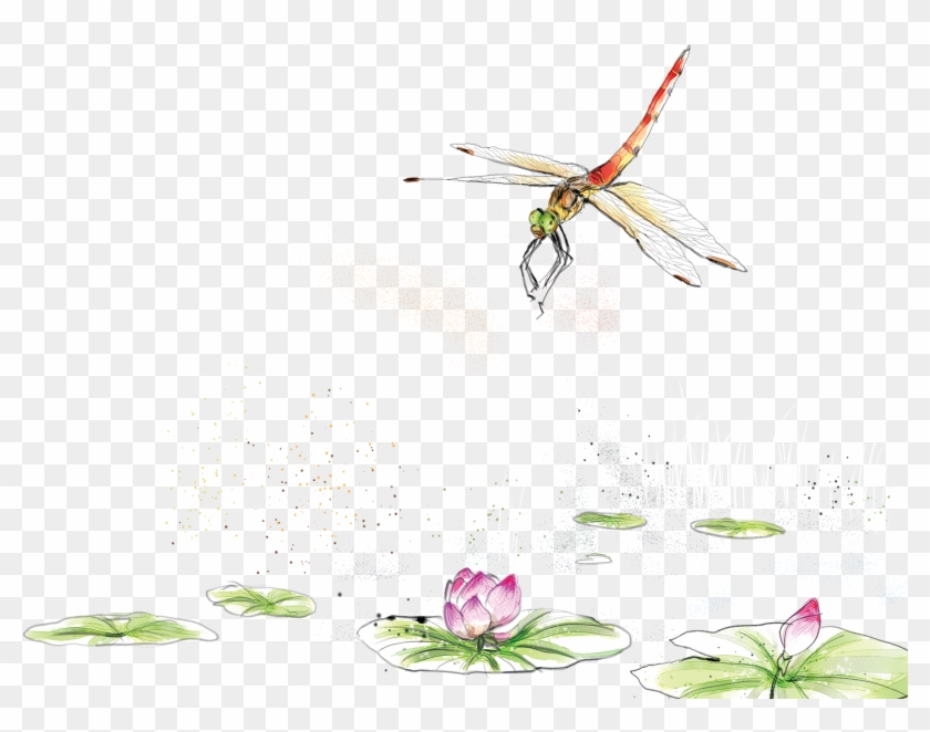 Hand Painted Watercolor Lotus Pond Dragonfly Decorative - Watercolor Painting #1229801