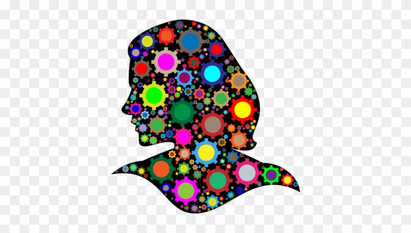 Silhouette Of Woman With Painted Mechanical Cogs Filling - Rainbow Geared Woman Silhouette Round Ornament #1323526