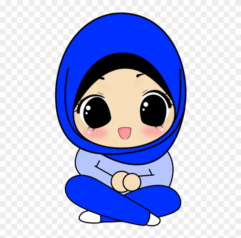Doodle Muslimah Duduk Biru - Kartun Muslimah Comel #210209