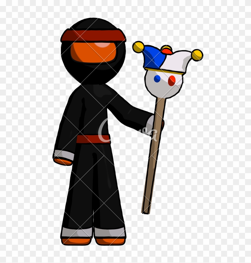 Orange Ninja Warrior Man Holding Jester Staff - Stock Photography #1346911