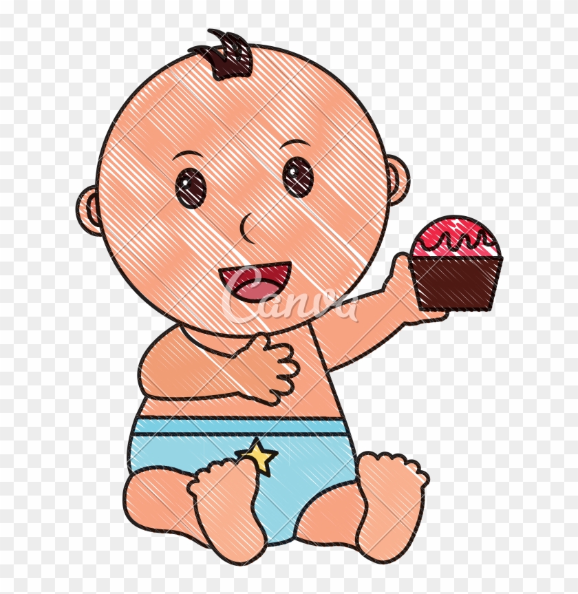 Baby Boy With Diaper And Cupcake In Hand - Baby Boy With Diaper And Cupcake In Hand #1537599