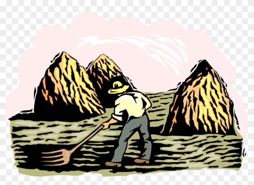 Vector Illustration Of Farmer With Pitchfork In Fields - Vector Illustration Of Farmer With Pitchfork In Fields #1562150